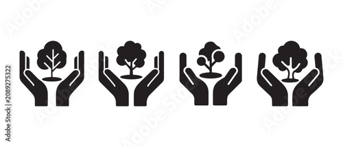 Billede på lærred Protecting Nature with Hands Holding Trees Vector Icon Set in Minimalist Black and White Style