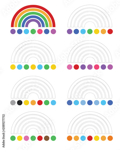 Set of rainbow coloring pages for kids with color matching dots