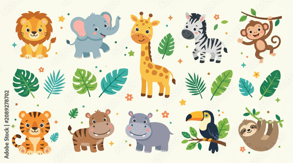 Obraz premium Safari Animals Collection, Cute Cartoon Wildlife Characters with Tropical Leaves for Children