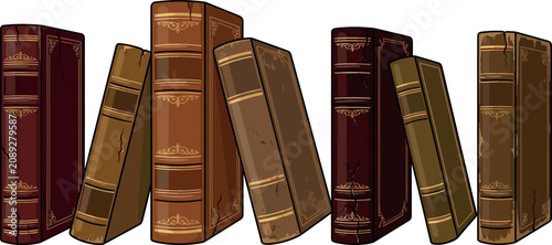 Old fashioned library book stack graphic elements with worn vintage spines historical manuscripts and retro reading novels for education branding layouts