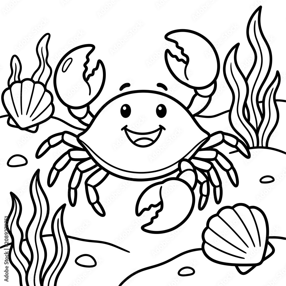 Obraz premium Cute crab coloring page under sea with seashells and seaweed cartoon. simple cartoon Coloring Page for kids