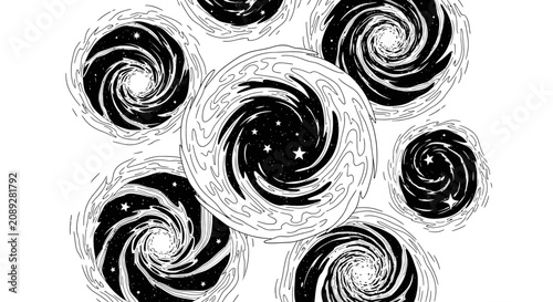 Abstract cosmic swirl pattern, black and white line art illustration of multiple galaxies or black holes in space, universe concept