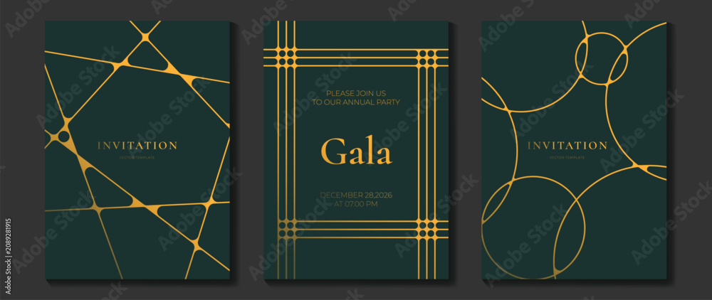 Fototapeta premium Luxury gala invitation card template vector set. Dark green and gold geometric line cover designs for premium event, party, wedding, ceremony and elegant branding