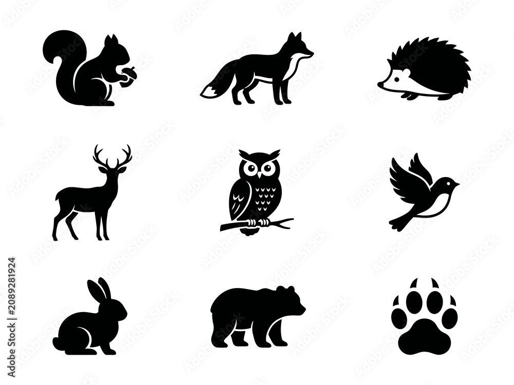 Obraz premium Set of black silhouette icons of wild forest animals and bird isolated on a simple design