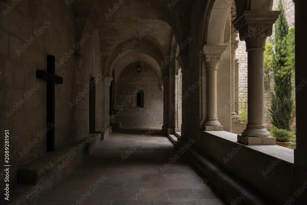 Obraz premium A dimly lit stone corridor in a monastery with light through an archway.