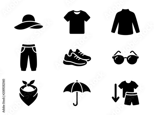 Schilderij op canvas Set of black clothing and summer fashion accessory icons including hat shirt pan
