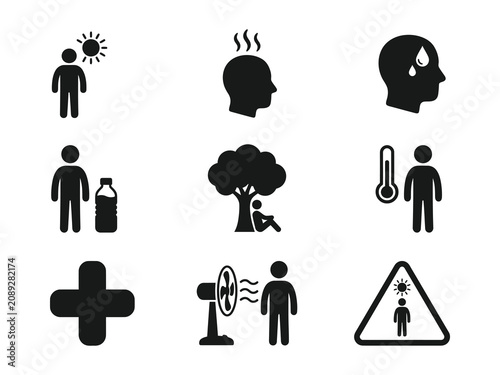 Schilderij op canvas Set of black icons showing heat stroke symptoms and summer health safety precaut