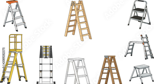 Step ladder collection featuring aluminum ladders, wooden ladders, platform ladders, folding ladders, and household climbing equipment vector set