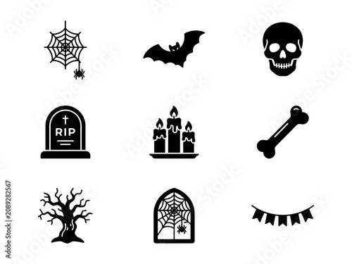 Set of black halloween icons featuring spider web bat skull tombstone candles bone tree and decor