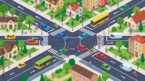 Busy Suburban Town Intersection with Cars, Buses and Pedestrians - Isometric View
