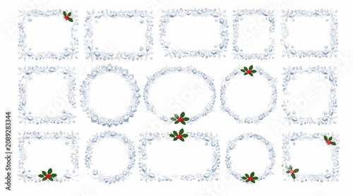 Festive Winter Frames with Holly, Ice Crystals and Snowflakes Over White