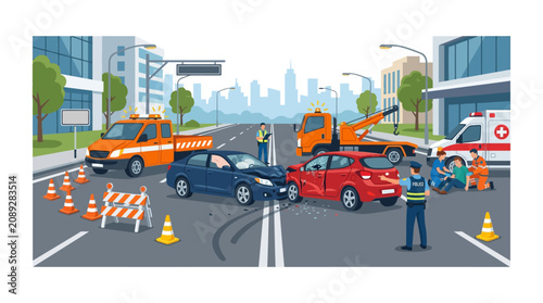 Car Accident Scene with Emergency Responders and Tow Trucks