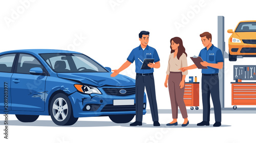 Car accident assessment with mechanic and client at repair shop