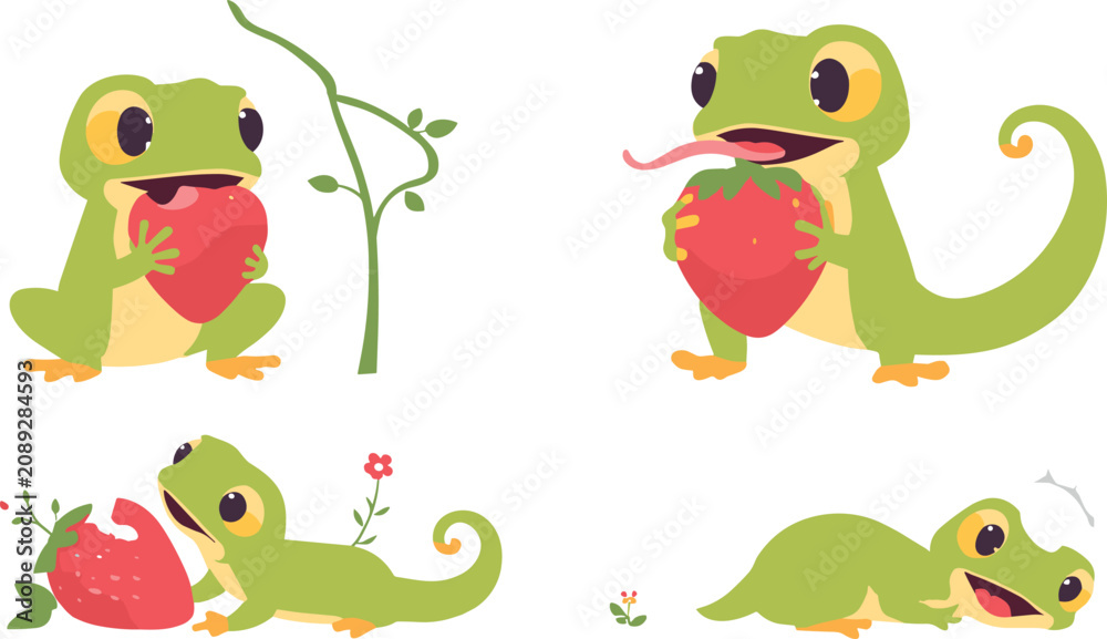 Fototapeta premium Cute Green Gecko Lizard Vector Character Set Featuring Adorable Reptiles Eating Red Strawberry Fruits and Crawling Near Vine Elements
