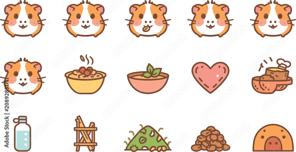 Fototapeta premium Cute Guinea Pig Icon Set Featuring Adorable Rodent Avatars Feeding Bowls Water Bottle Pellets and Hay Pet Care Supply Vector Elements
