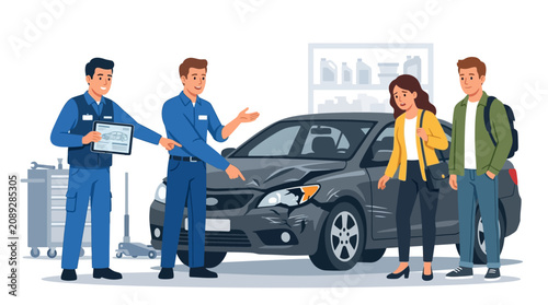Car accident clients consulting mechanic about damaged vehicle repair estimate