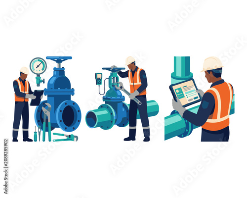 Photos Workers inspecting industrial pipeline equipment.