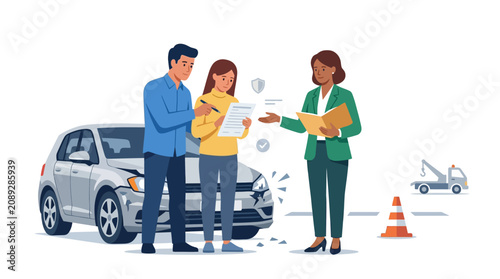 Car Accident Insurance Claim: Couple with Agent Near Damaged Vehicle