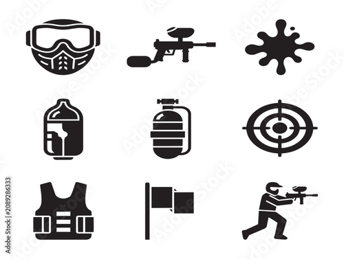 Paintball Equipment Icon Set Featuring Protective Gear and Markers in Solid Black Silhouette Style