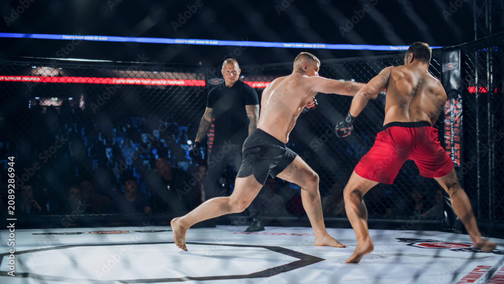 Obraz premium MMA Fighters Fight Trade Heavy Punches in a Live Cage Fight as the Referee Tracks the Action. Fast Striking and Real Contact Drive a Competitive Contest, With Loud Crowd Energy and Fight