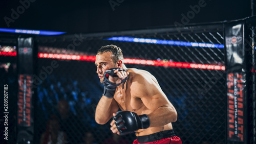 Fotografía MMA Championship Title Belt Fight Action: Focused Fighter in Octagon Cage Throws