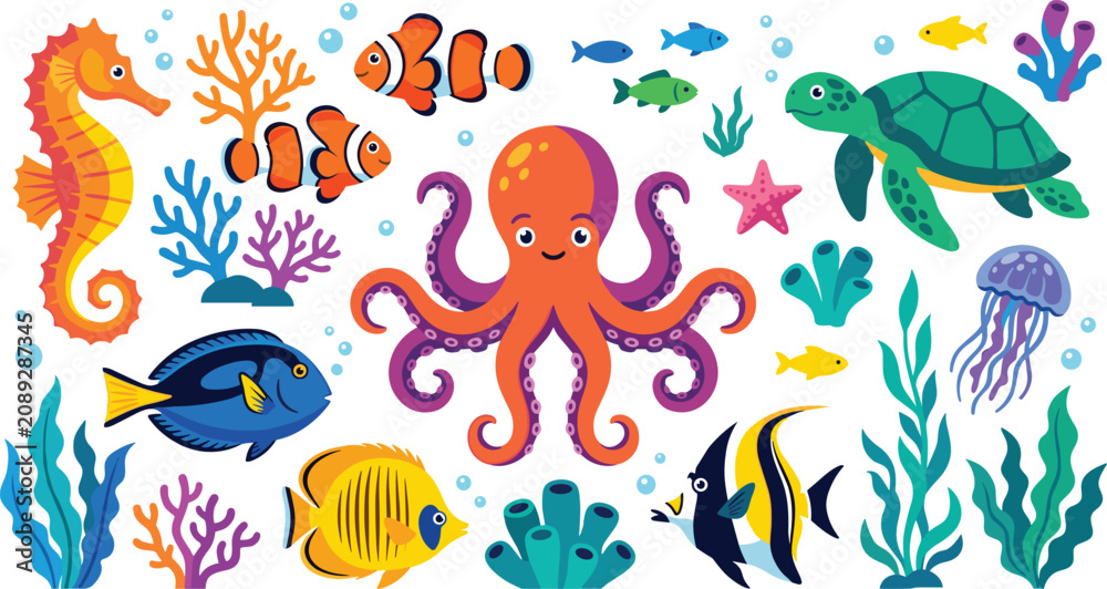 Fototapeta premium Cute Sea Creatures Vector Collection with Octopus Seahorse Turtle Jellyfish Clownfish and Coral Reef Elements for Children Digital Graphic Designs