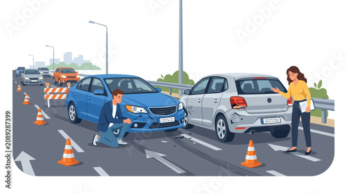 Car Accident Scene: Drivers Assess Damage After Collision on Highway