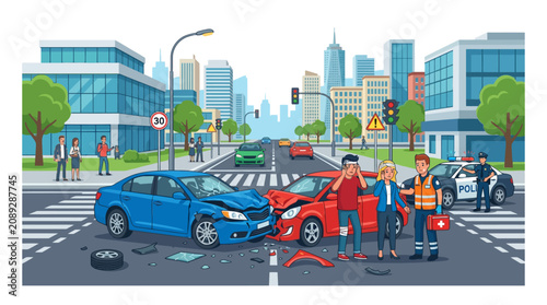 Car accident scene in city street with victims and police illustration
