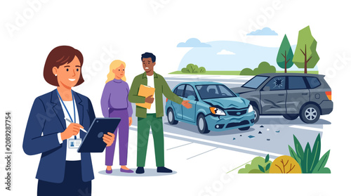 Car Accident Scene: Insurance Agent, Damaged Vehicles, and Victims