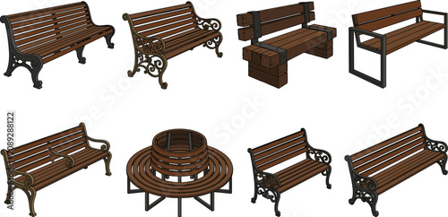 Foto Wooden park bench collection featuring classic outdoor benches, modern seating,