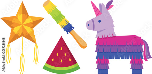 Colorful Mexican fiesta piñatas and party decorations vector illustration collection