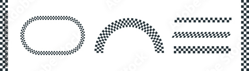 checkered racing flag set. Monochrome motorsport oval racetrack, curved arch rocker, and divider line. Retro checkerboard emblem framing elements.