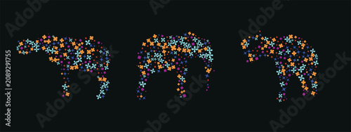 Creative collection of abstract animal silhouettes composed of colorful floral elements. Featuring three elephant designs made from small flowers and botanical shapes, this modern vector illustration 