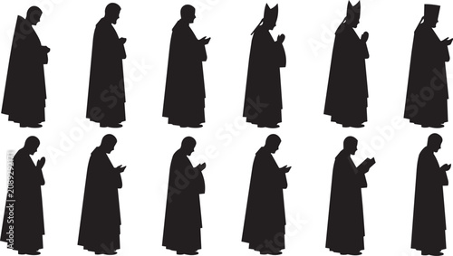 Принти на полотні Clergy praying in silhouette vector collection against white background