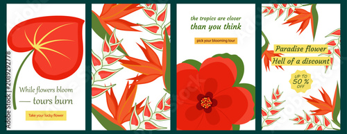 Tropical summer background. Set of vertical banners with exotic plants and text. Vector illustration. Hawaii and travel. Last-minute travel deals. Summer sales and discounts. Bright tropical flowers.
