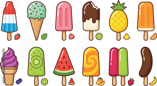 Obraz na płótnie Colorful ice cream and popsicle collection featuring fruity frozen desserts, cho