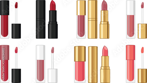 Cosmetic lipstick and liquid lipstick vector collection featuring elegant makeup products with gloss applicators and beauty essentials isolated set