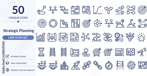 Strategic Planning Line Icons, 50 Editable Stroke Vector Icons for Business Strategy, Management and Growth