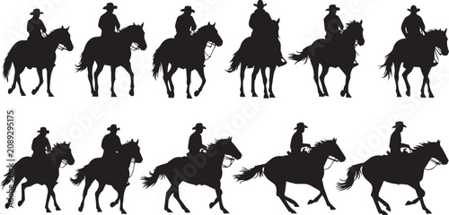 Canvastavla Cowboy riders in silhouette against a white background showing various poses and