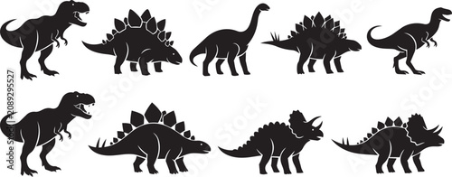 Fotografía Dinosaur silhouettes in a row during daytime with white background for education