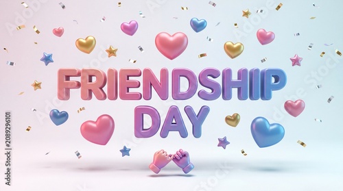 Friendship Day 3D text banner with pastel hearts and stars, festive friendship celebration background, pink and blue hearts with gold confetti