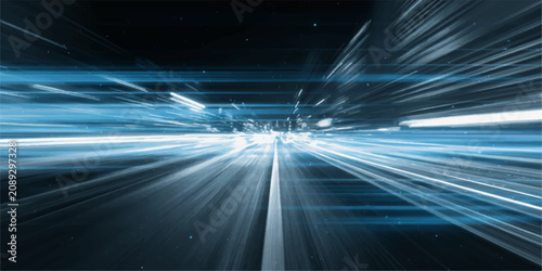 Картината върху платно Abstract blue light trails streaking through darkness, conveying a sense of extreme speed, motion, and advanced technology