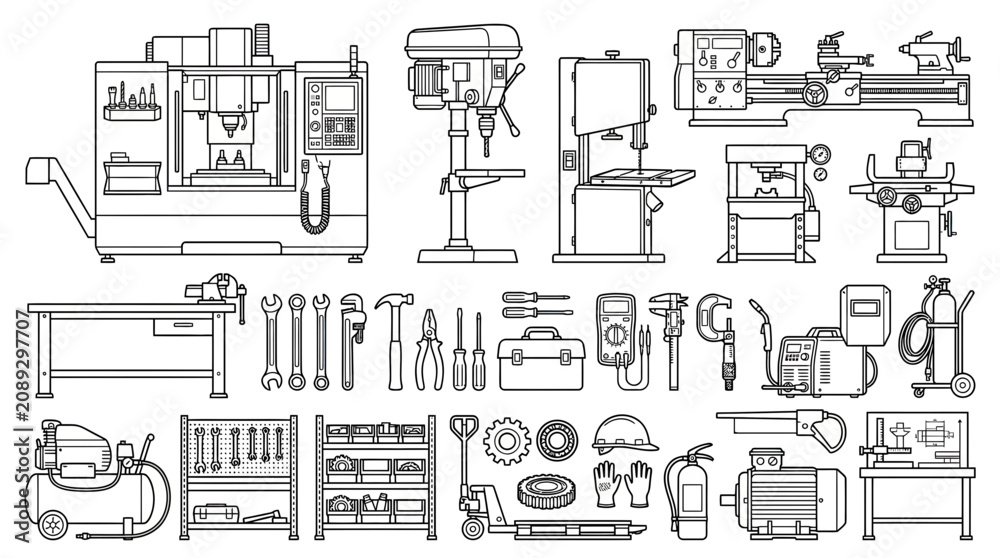 Obraz premium Industrial Workshop Equipment and Tools Vector Illustration