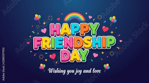Happy Friendship Day greeting card, colorful 3D typography on blue background, festive celebration banner with rainbow and hearts
