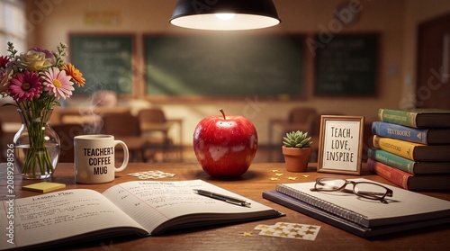 Cozy teacher desk with red apple and books, warm classroom background with chalkboard, educational still life with coffee mug and flowers