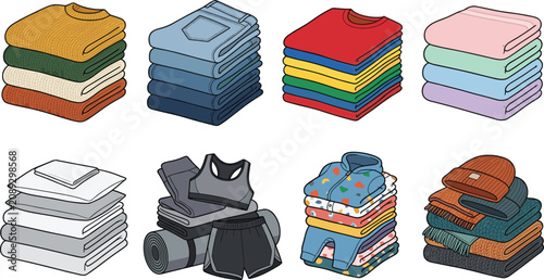 Folded clothing vector collection featuring sweaters jeans shirts towels activewear and neatly stacked apparel for retail and laundry concepts
