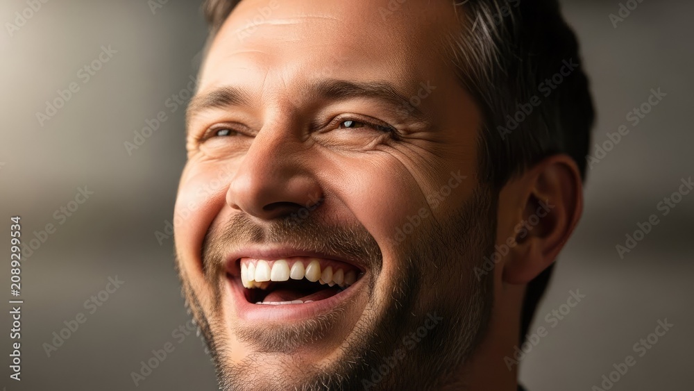 Fototapeta premium Close up portrait of a smiling man with a beard and bright expression