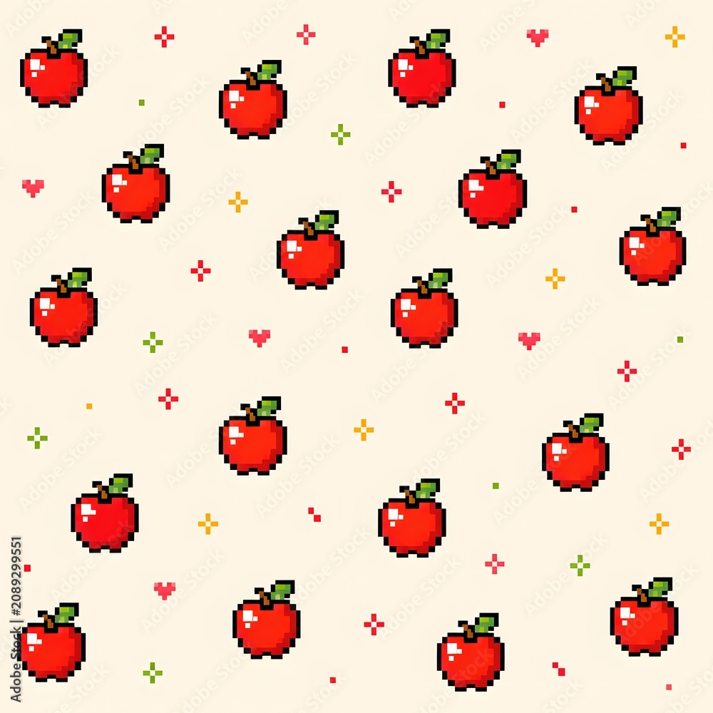 Seamless pixel art apple pattern with cute retro 8-bit fruit icons.