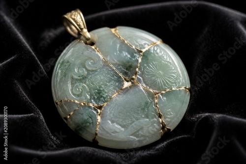 A broken jade pendant repaired with gold on dark velvet.