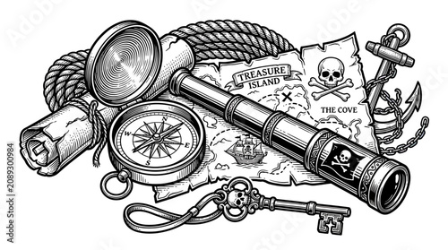 Tableau sur toile Pirate Treasure Map, Telescope, Compass, Key, Anchor, Rope - Black and White Ill